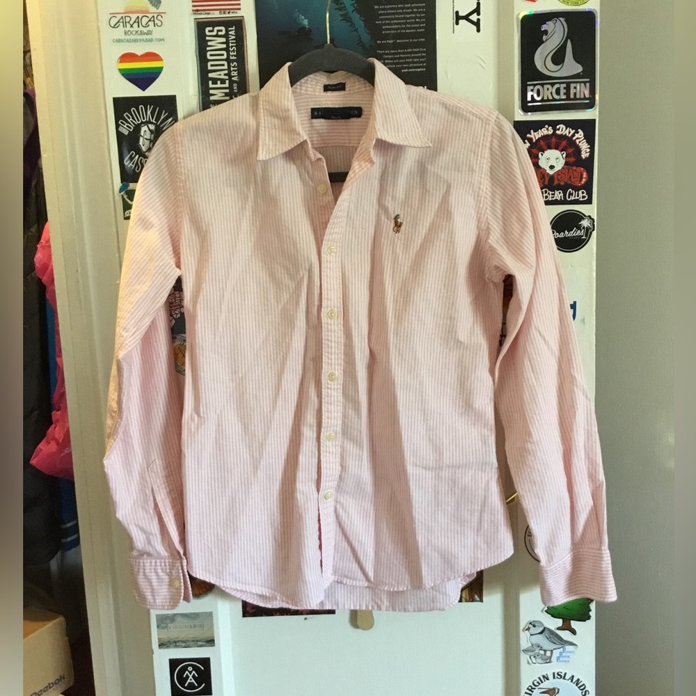 Womens pink Polo pinstripe button down, slim cut
